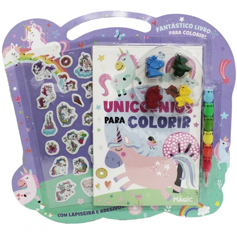 LIVRO UNICORNIOS PARA COLORIR COM LAPISEIRA CANETA TROCA PONTA + 4 GIZ DE CERA E ADESIVOS 16 PAGINAS