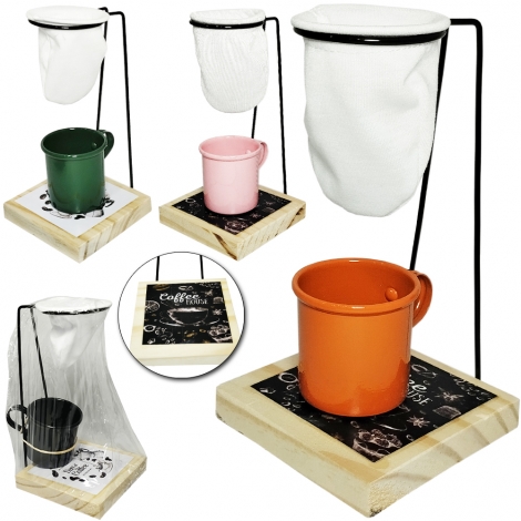 COADOR DE CAFE ARAMADO COM COADOR DE PANO FLANELADO + BASE DE MADEIRA E CANECA 90ML