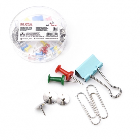 KIT ESCRITORIO COM CLIPS + BINDERS + TACHINHA PERCEVEJO E ALFINETE TACHINHA PARA MAPA E CORTICA WIN PAPER 79 PECAS