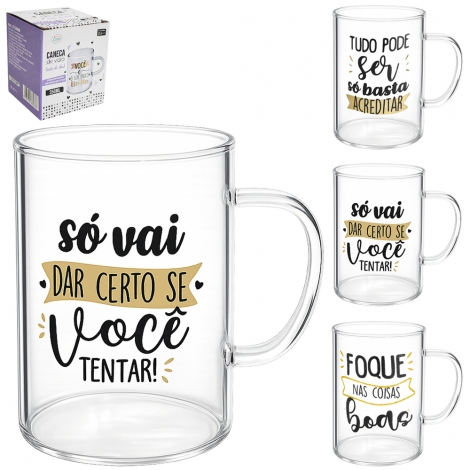 CANECA XICARA DE VIDRO BOROSSILICATO SORTE DO DIA SORTIDAS 350ML