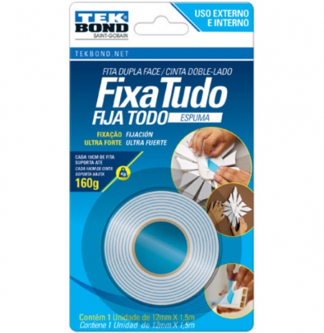 FITA ADESIVA DUPLA FACE DE ESPUMA FIXA TUDO 12MMX1,5M