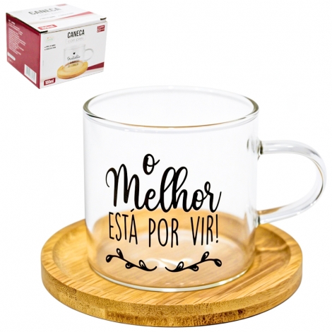 CANECA XICARA DE VIDRO BOROSSILICATO FRASES 100ML C/PIRES DE BAMBU