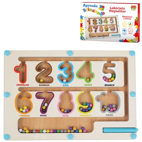 JOGO LABIRINTO MAGNETICO DE MADEIRA E PLASTICO NUMEROS E CORES COM CANETA APRENDA BRINCANDO