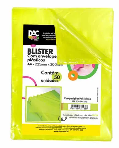 BLISTER COM ENVELOPES PLÁSTICOS A4 - 50 UNIDADES
