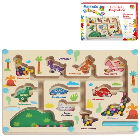 JOGO LABIRINTO MAGNETICO DE MADEIRA E PLASTICO DINOSSAURO CORES E NUMEROS COM CANETA APRENDA BRINCANDO