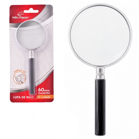 LUPA DE MAO COM LENTE DE VIDRO E ARO DE METAL 60MM AUMENTA AMPLIA 3X WIN PAPER