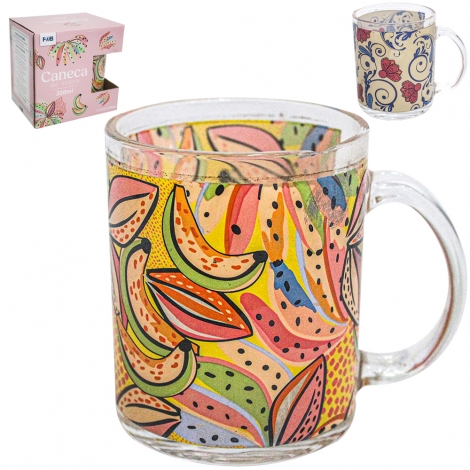 CANECA XICARA DE VIDRO ESTAMPAS SORTIDAS 320ML