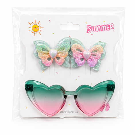 KIT BELEZA INFANTIL COM OCULOS CORACAO + 2 ACESSORIOS PARA CABELO PRESILHA BORBOLETA SUMMER