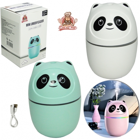 UMIDIFICADOR P/AMBIENTES PANDA C/LUZ + CB. USB 180ML 10X6CM