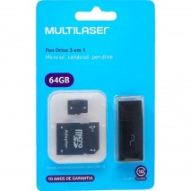 Pen Drive Multilaser 3 em 1 - Leitor USB, Cartão SD e Micro SD Classe 10 - MC112 64GB