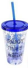 Copo com Tampa e Canudo de Acrilico Enjoy Times com Glitter Colors 450ml Homeflex - Western - Azul