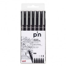 Caneta Técnica Pin Fine Line Uni-ball Preta Estojo com 6 Unidades Sortidas