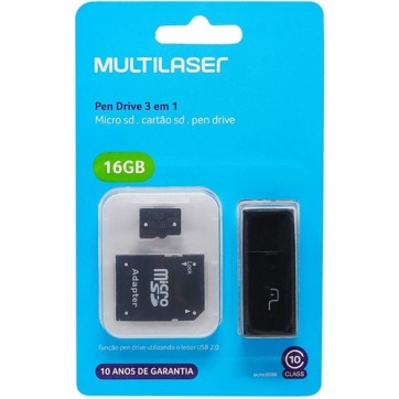 Pen Drive Multilaser 3 em 1 - Leitor USB, Cartão SD e Micro SD Classe 10 - MC112 16GB