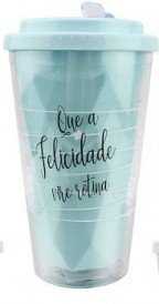COPO COM TAMPA DE PLASTICO E CANUDO ACRILICO FELICIDADE COLORS 460ML