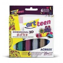 Tinta para Tecido Acrilex Art Teen 6 Cores c/Glitter 20ml - 12206